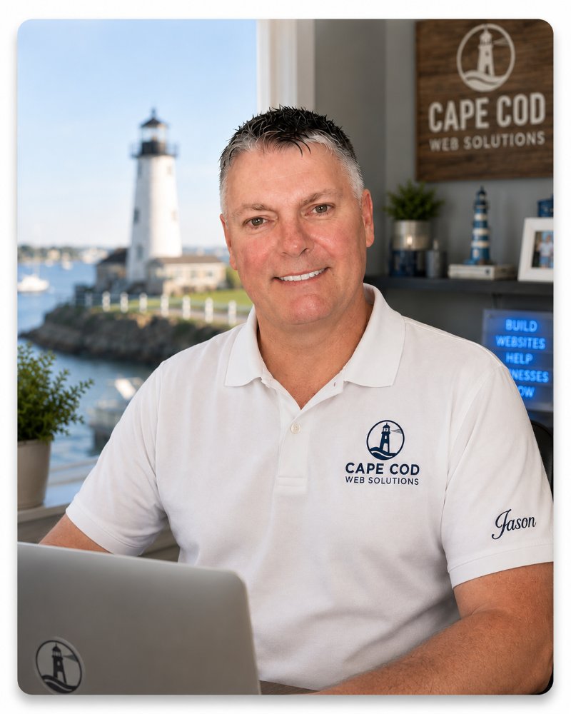 Jason Taft, founder of Cape Cod Web Solutions, wearing a branded polo shirt in a professional coastal office setting.