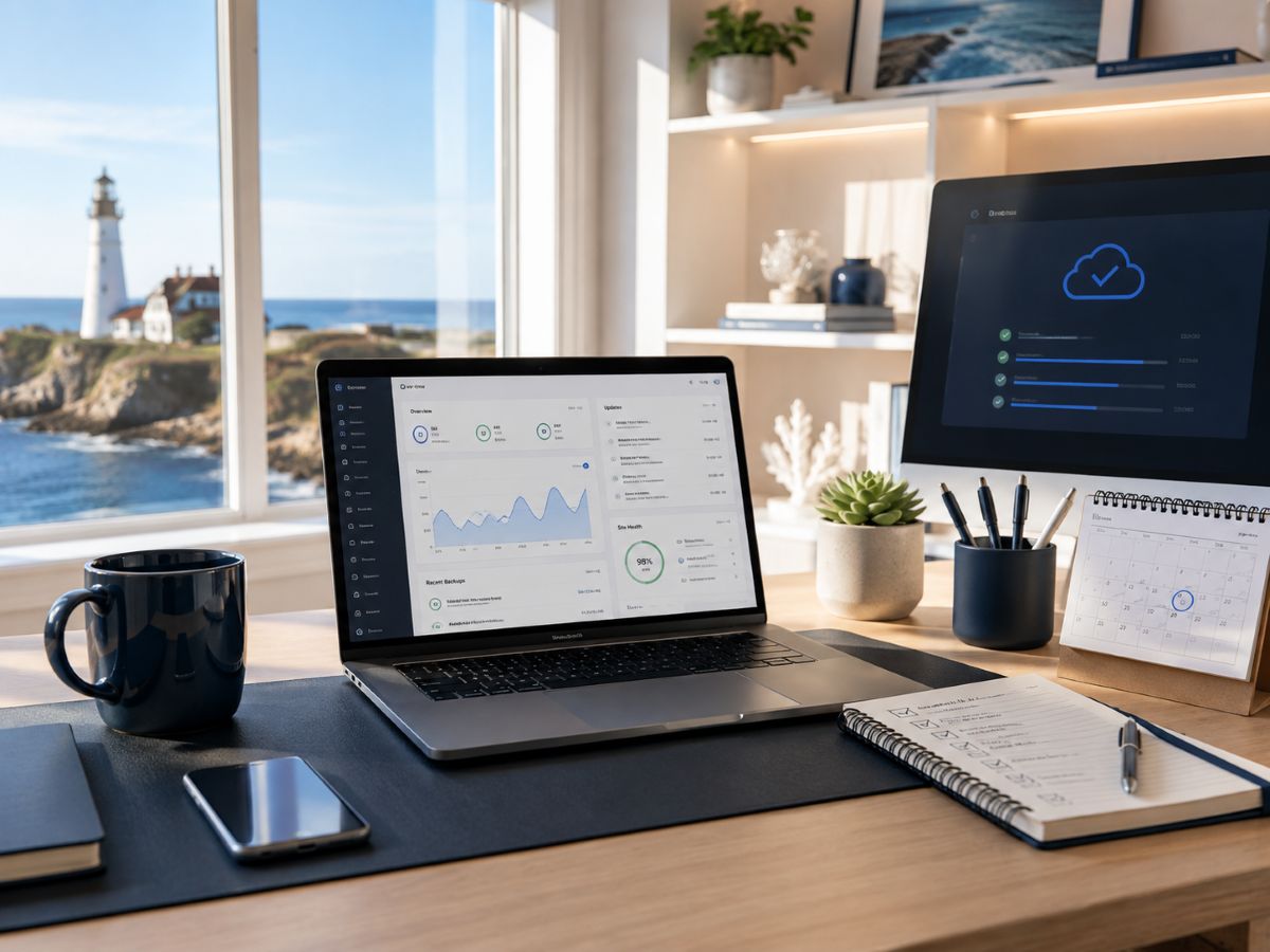 Modern website maintenance workspace with laptop, website management dashboard, and Cape Cod lighthouse view representing ongoing WordPress support and website maintenance services.